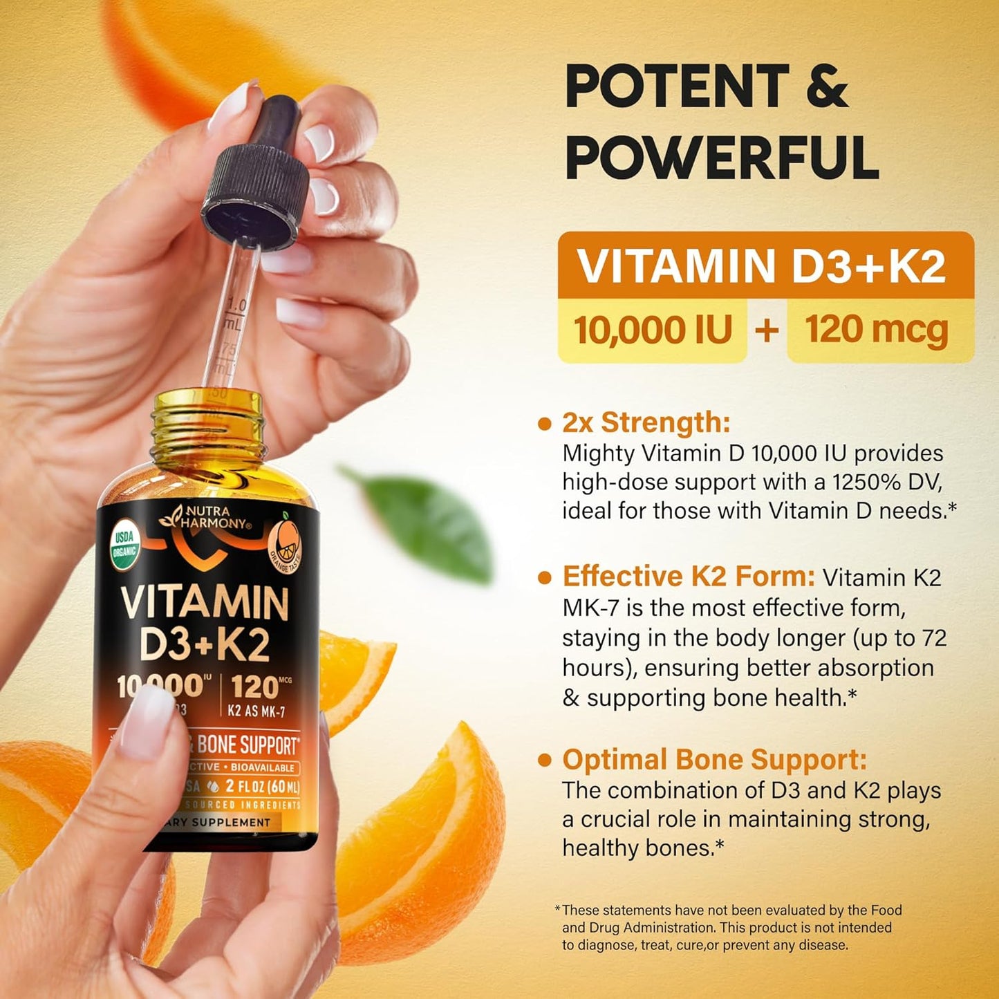 USDA Organic Vitamin D3+K2 Drops - Vitamin D3 10000 IU & K2 as MK-7 120mcg