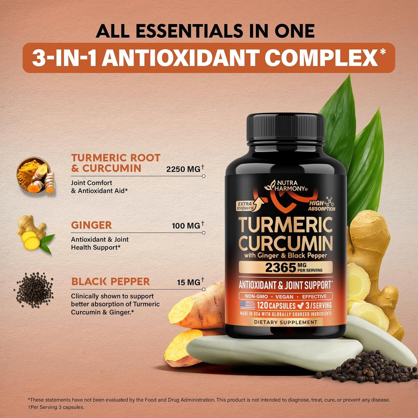 Turmeric Curcumin Supplement with Ginger & Black Pepper: Highly Bioavailable & Extra Strength