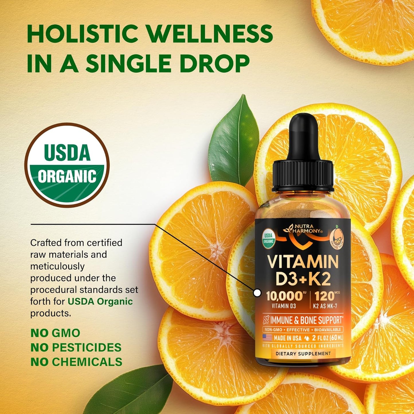 USDA Organic Vitamin D3+K2 Drops - Vitamin D3 10000 IU & K2 as MK-7 120mcg