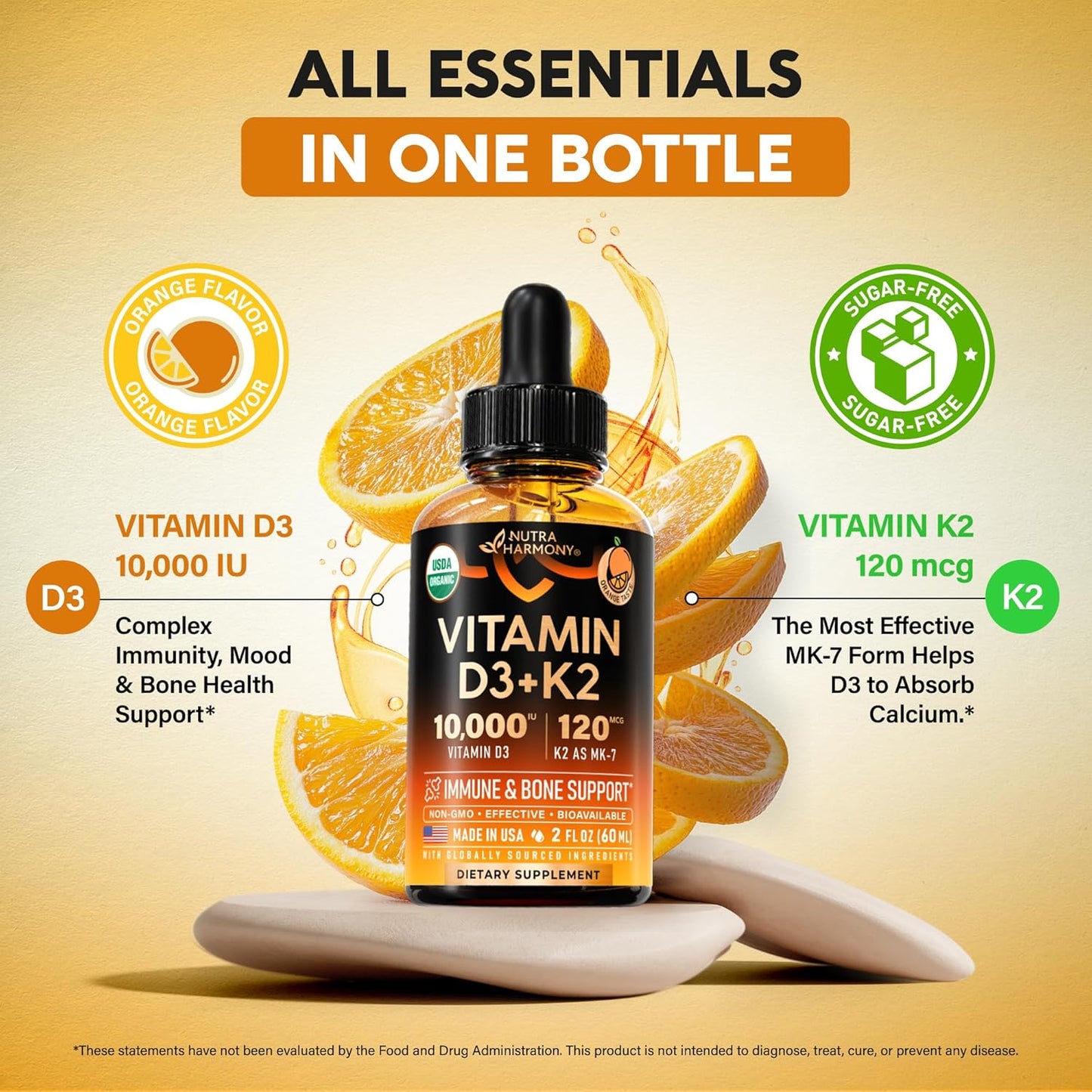 USDA Organic Vitamin D3+K2 Drops - Vitamin D3 10000 IU & K2 as MK-7 120mcg