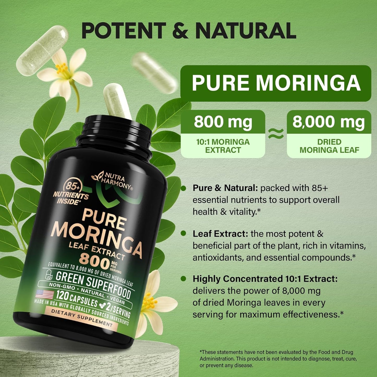 Pure Moringa Leaf Powder for Cortisol Level, Energy & Joint Support