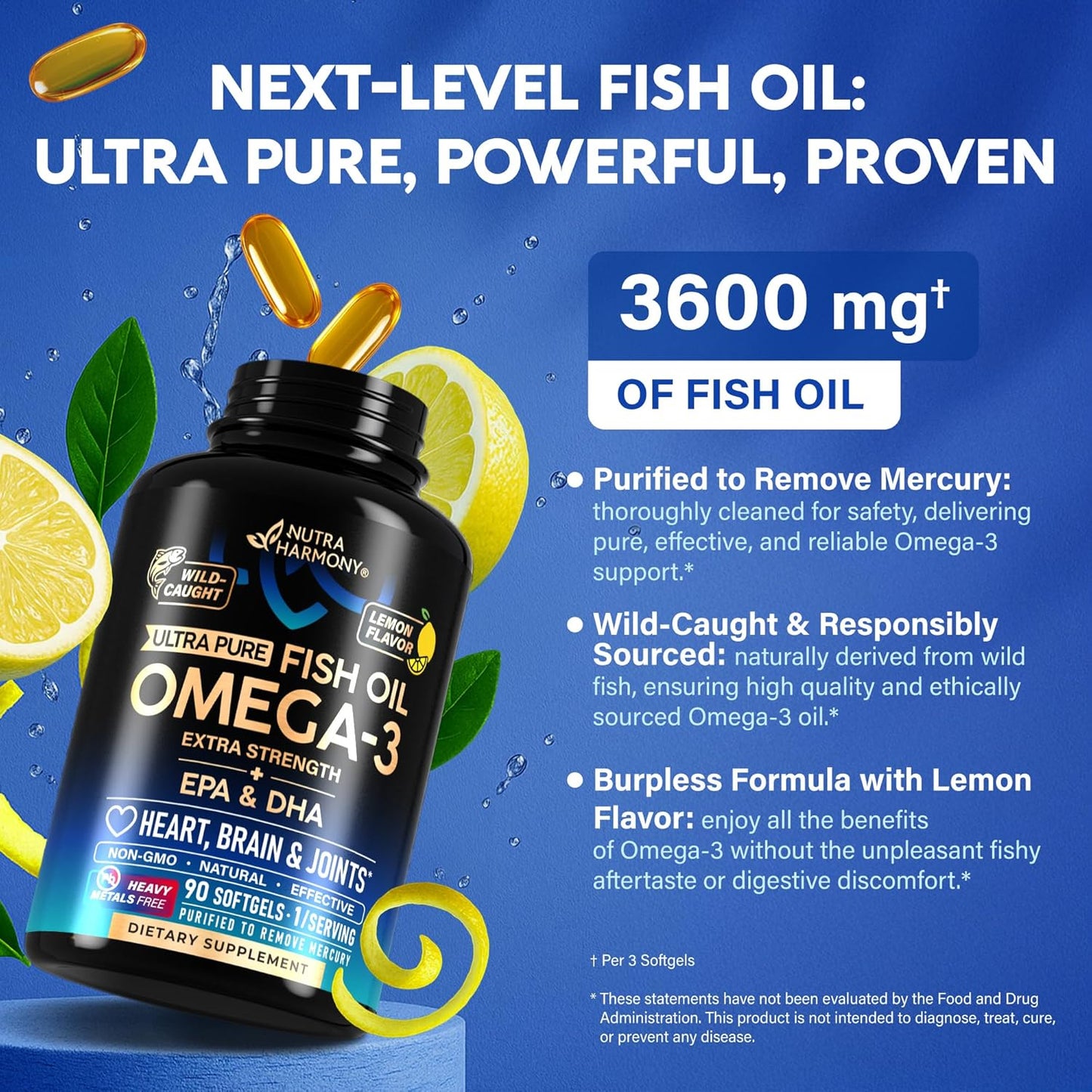 Omega 3 Fish Oil Supplement 3600 mg. Burpless, Lemon Flavored, 120 Softgels