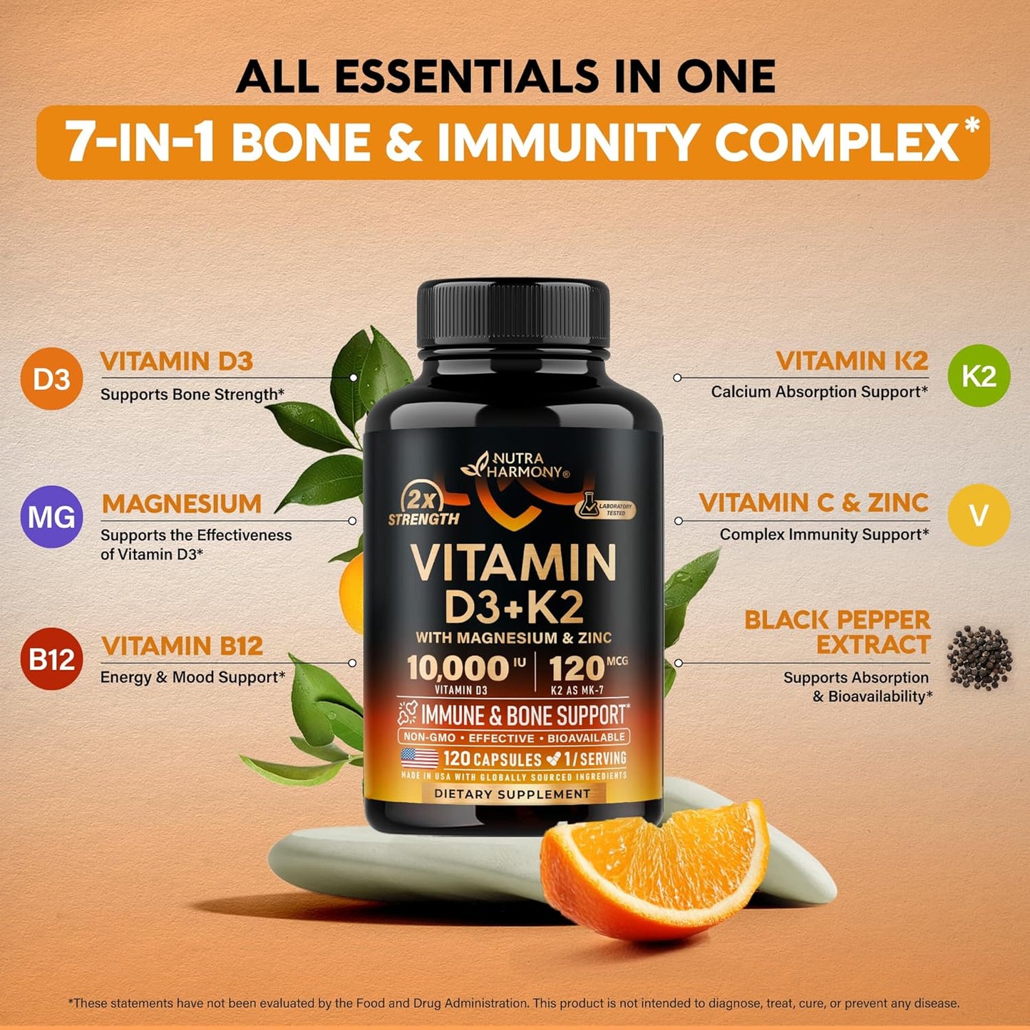 Vitamin D3+K2 with Magnesium, Zinc & Vitamin C & B12