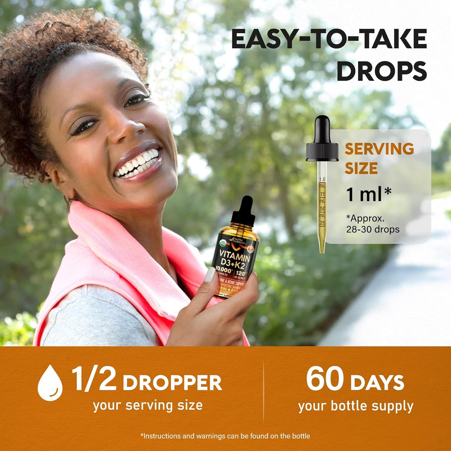 USDA Organic Vitamin D3+K2 Drops - Vitamin D3 10000 IU & K2 as MK-7 120mcg