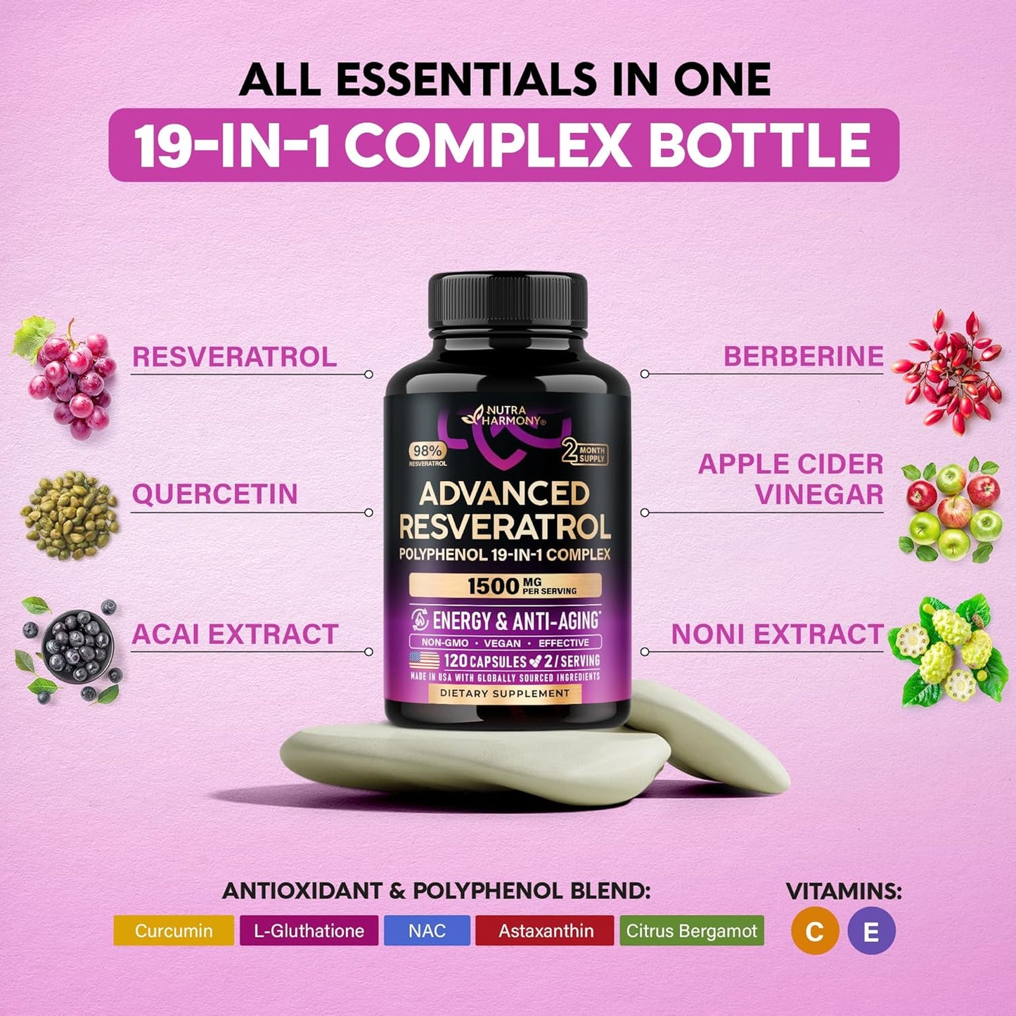 Resveratrol | Berberine | Quercetin | Apple Cider Vinegar - 19-in-1 Polyphenol Complex
