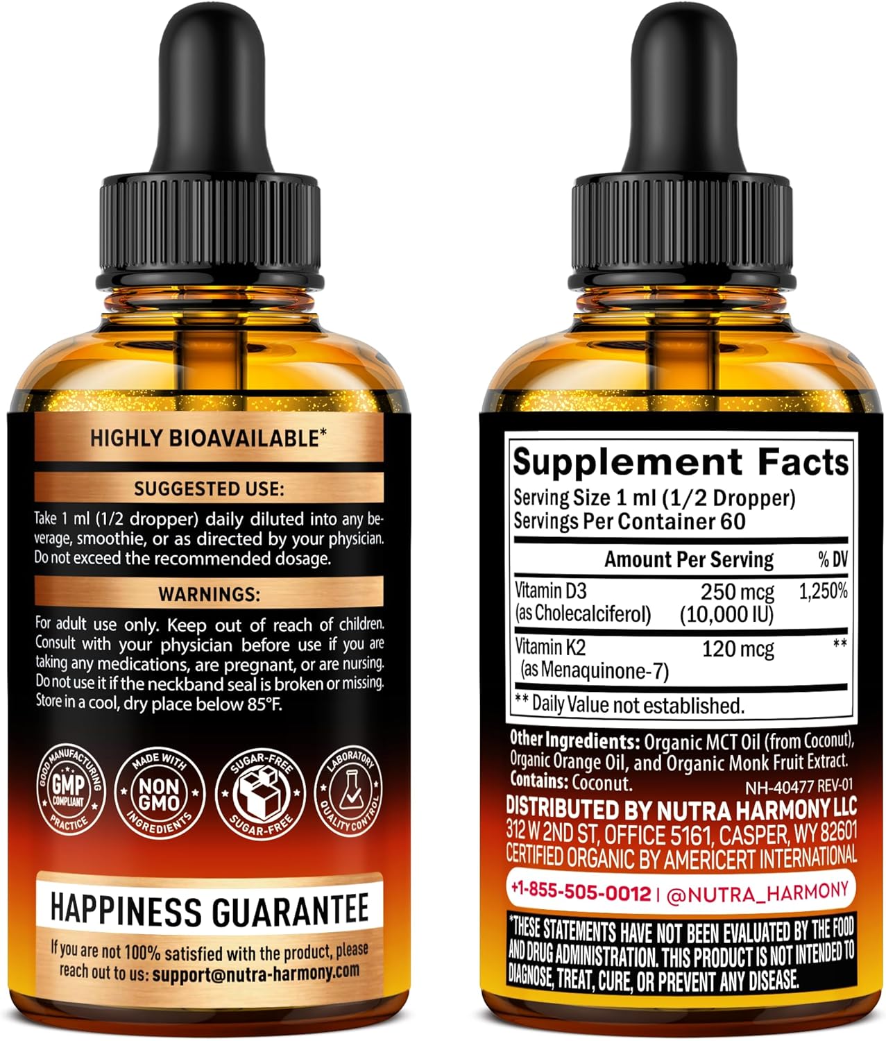 USDA Organic Vitamin D3+K2 Drops - Vitamin D3 10000 IU & K2 as MK-7 120mcg