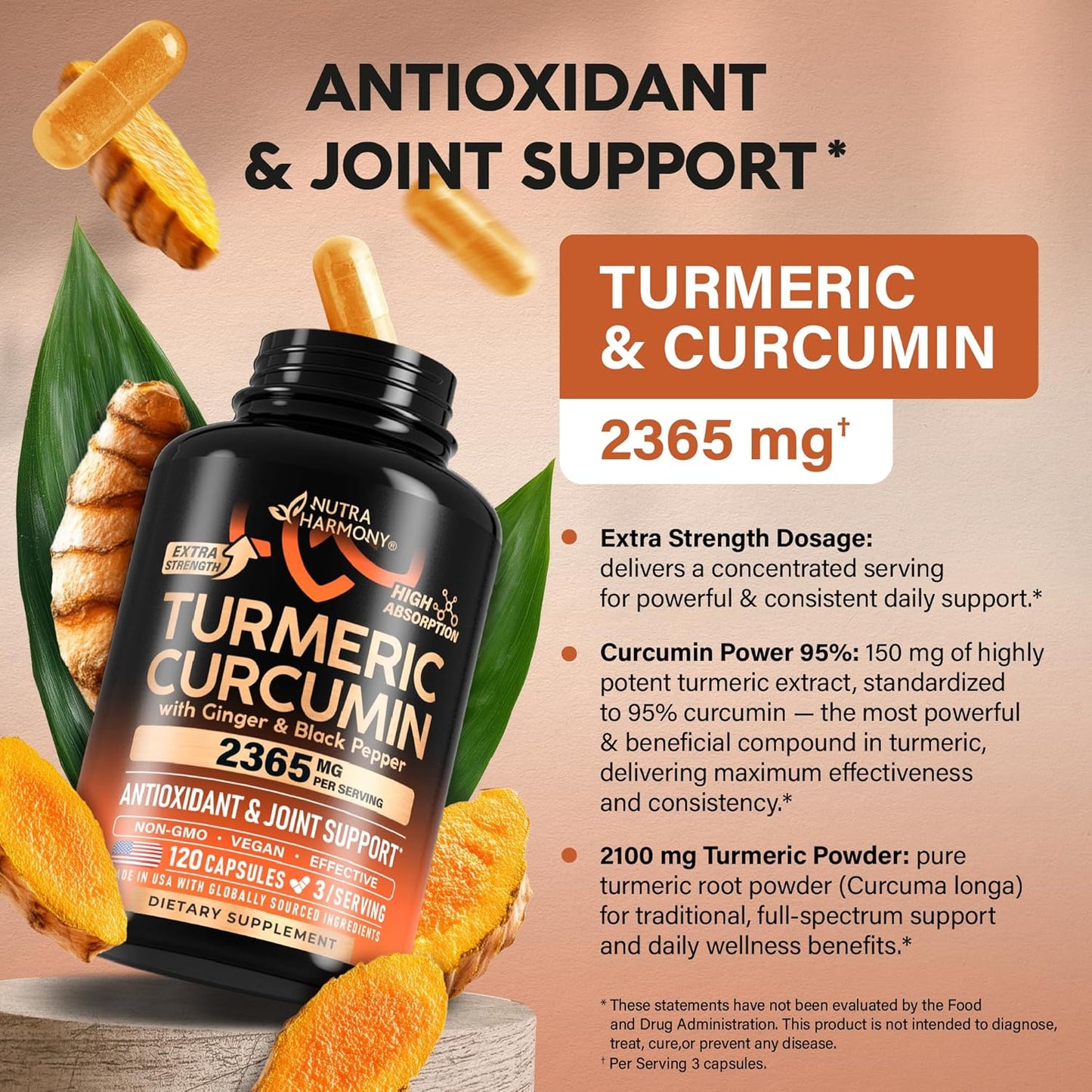 Turmeric Curcumin Supplement with Ginger & Black Pepper: Highly Bioavailable & Extra Strength