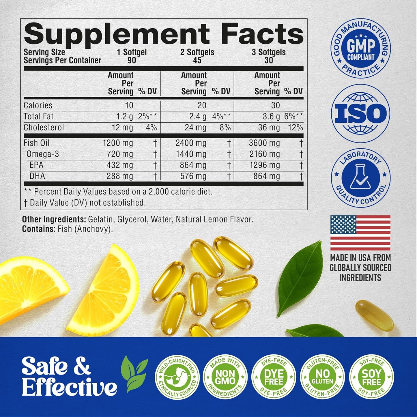 Omega 3 Fish Oil Supplement 3600 mg. Burpless, Lemon Flavored, 120 Softgels