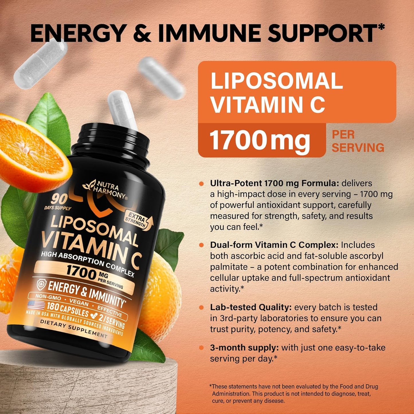 Liposomal Vitamin C 1700 mg - High Absorption Fat Soluble Complex
