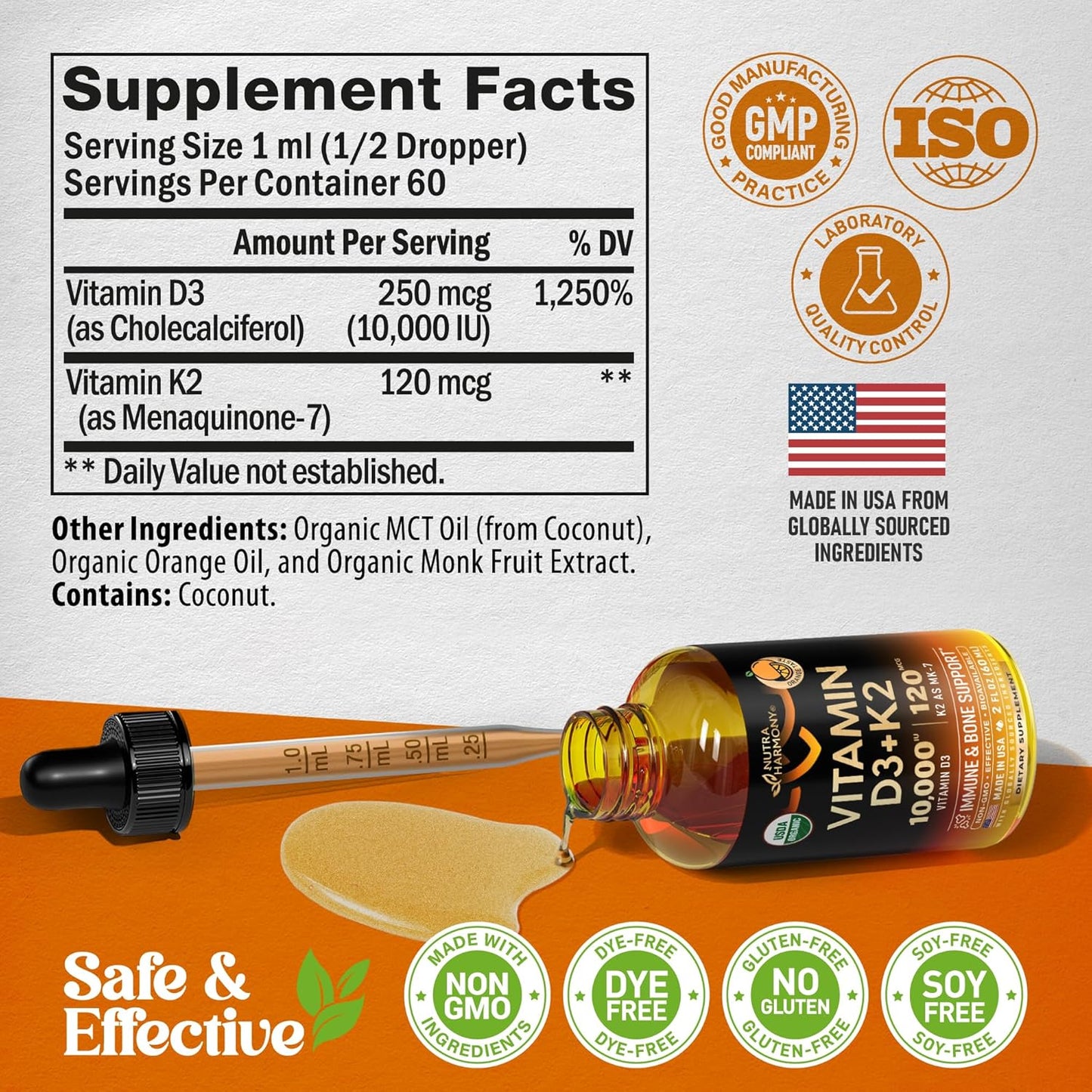 USDA Organic Vitamin D3+K2 Drops - Vitamin D3 10000 IU & K2 as MK-7 120mcg