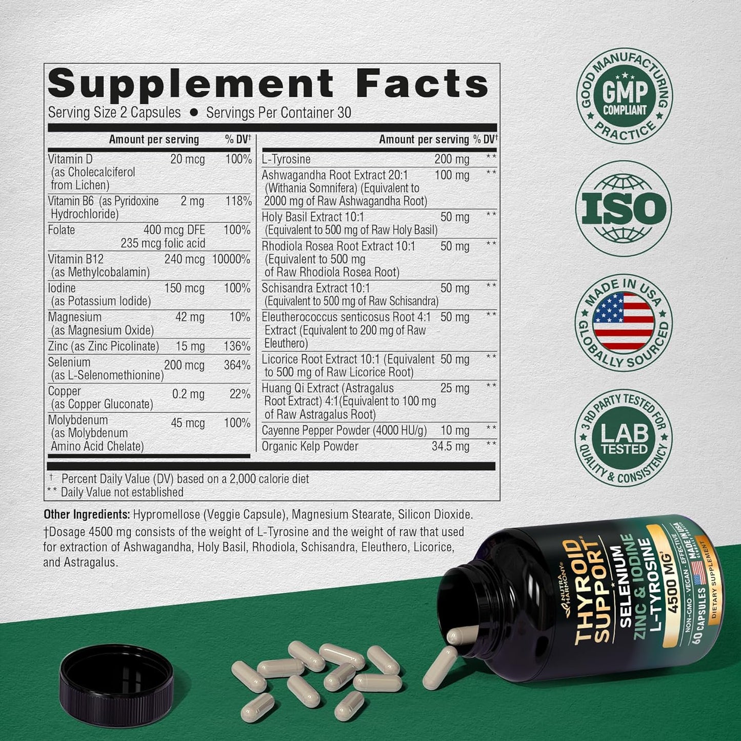 Thyroid Support with Selenium, Zinc & Iodine, L-Tyrosine, Magnesium, Adaptogen Herbs