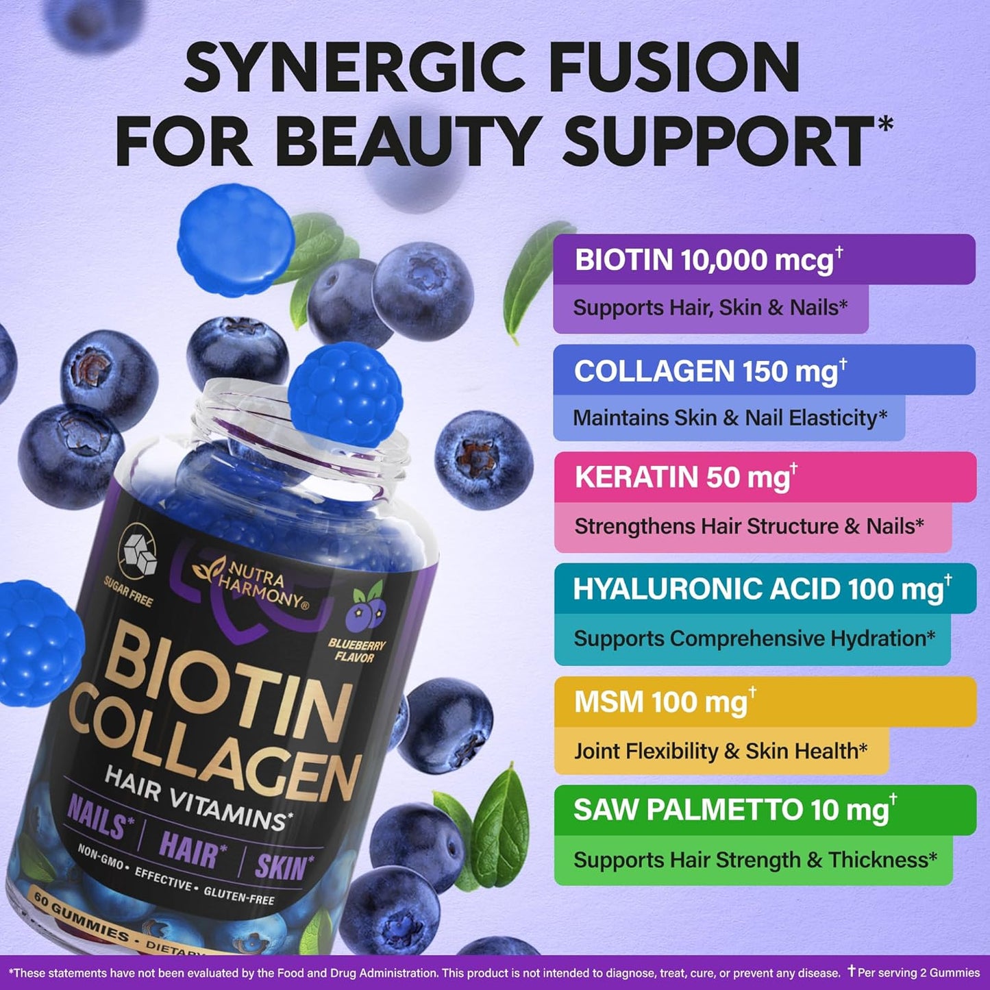 Biotin & Collagen Gummies for Hair Growth Support, Skin & Nail Strength - Blueberry