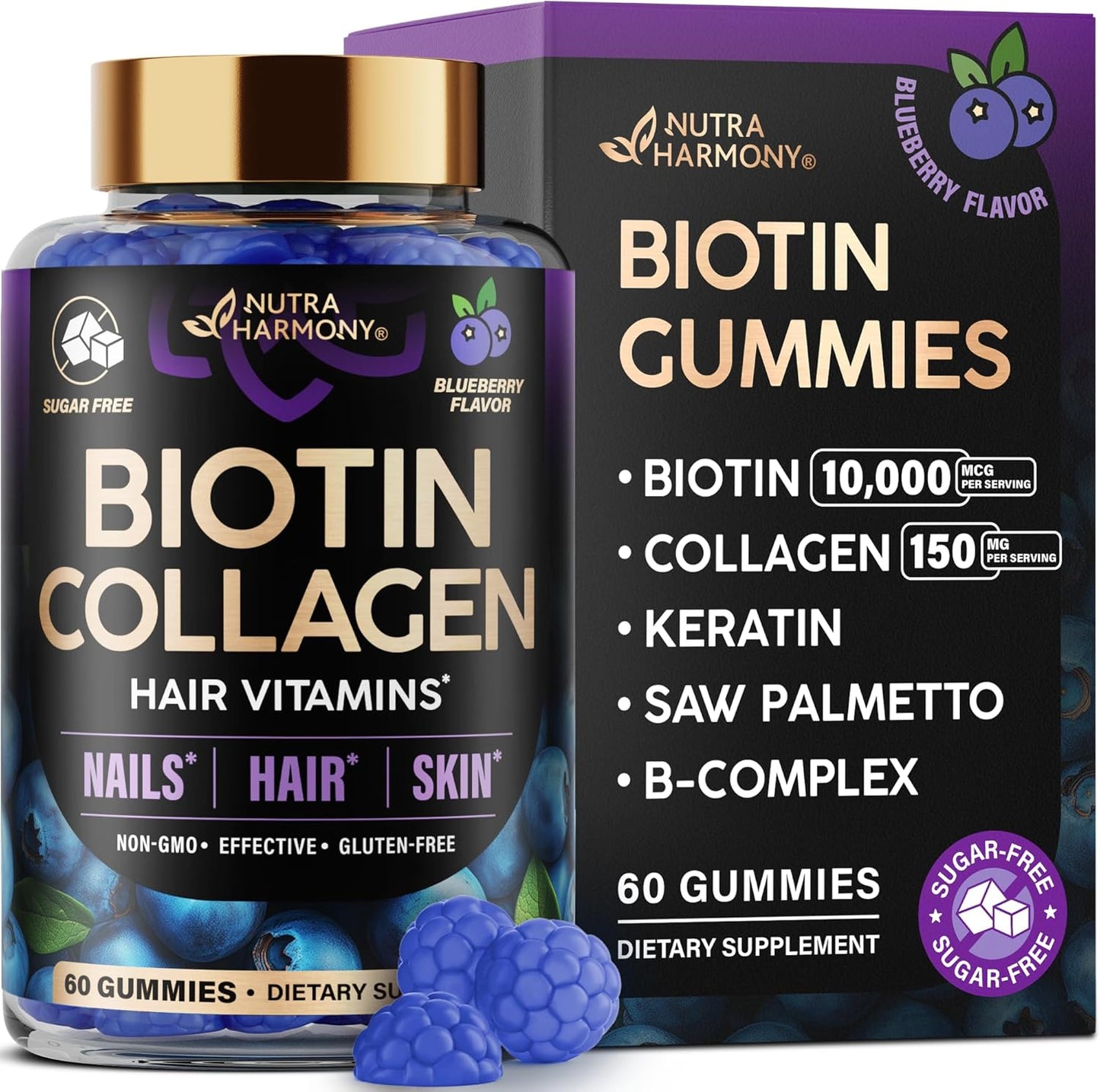 Biotin & Collagen Gummies for Hair Growth Support, Skin & Nail Strength - Blueberry