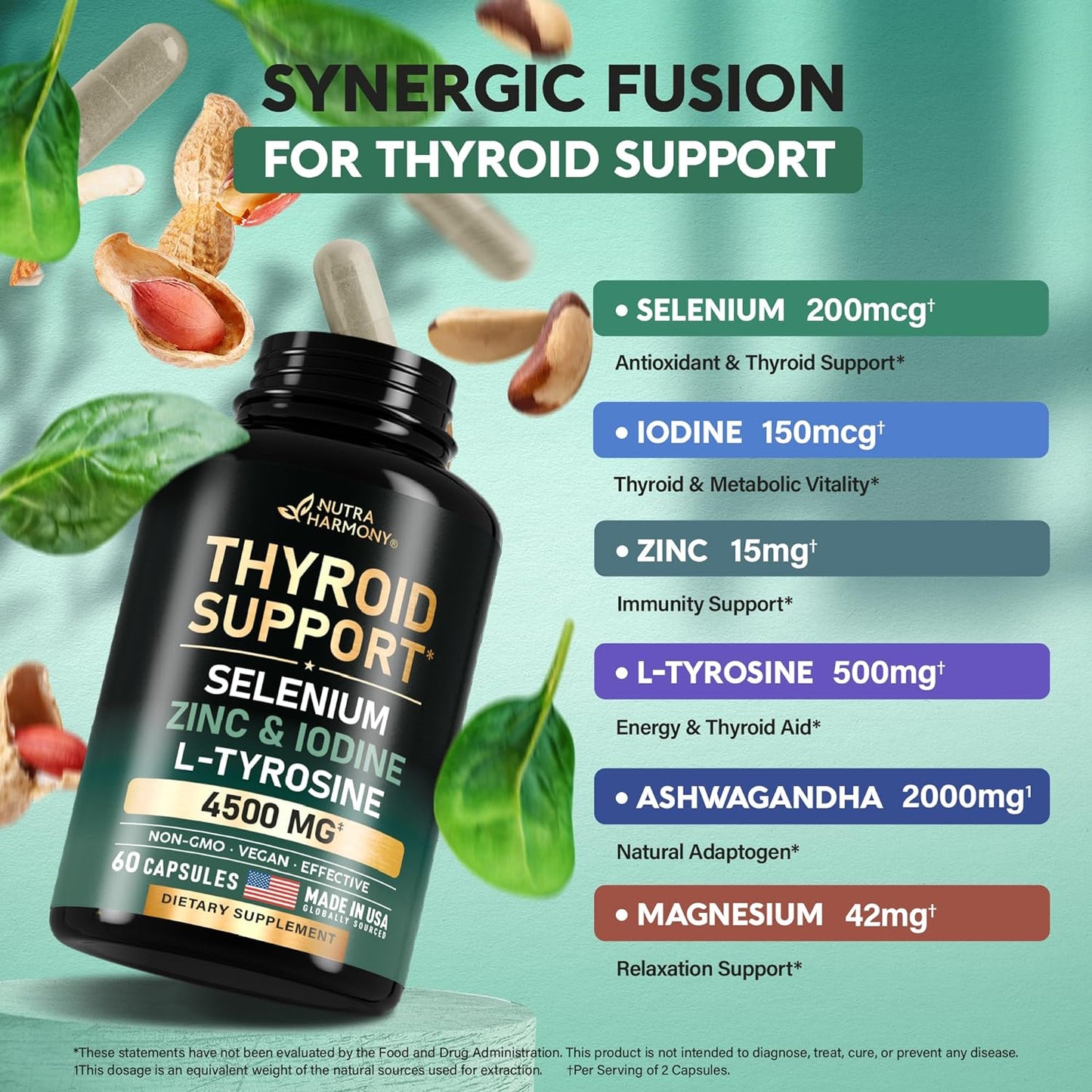 Thyroid Support with Selenium, Zinc & Iodine, L-Tyrosine, Magnesium, Adaptogen Herbs
