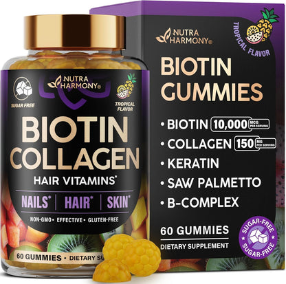 Biotin & Collagen Gummies for Hair Growth Support, Skin & Nail Strength - Tropical Fruit