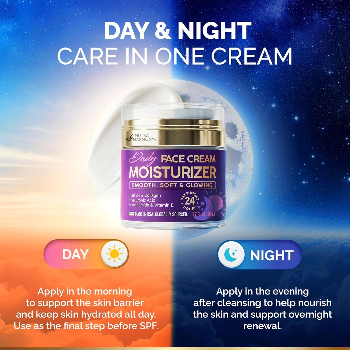 Day & Night Face Moisturizer with Collagen Retinol & Hyaluronic Acid for Women & Men