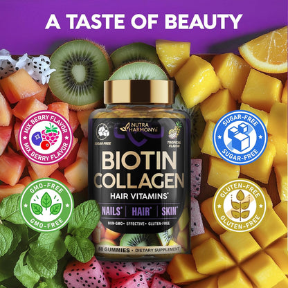 Biotin & Collagen Gummies for Hair Growth Support, Skin & Nail Strength - Tropical Fruit