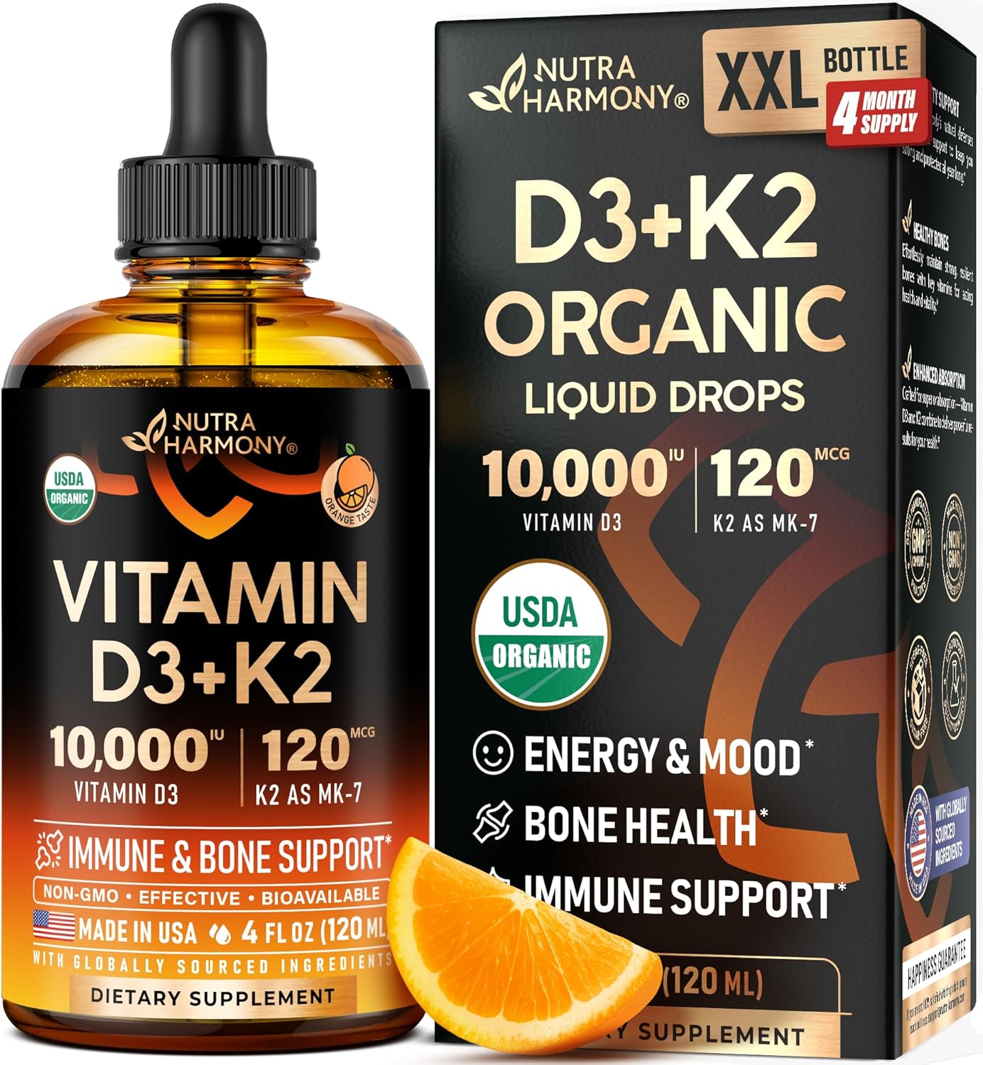 USDA Organic Vitamin D3+K2  Drops - Vitamin D3 10000 IU & K2 as MK-7 120mcg