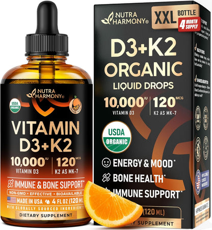 USDA Organic Vitamin D3+K2  Drops - Vitamin D3 10000 IU & K2 as MK-7 120mcg