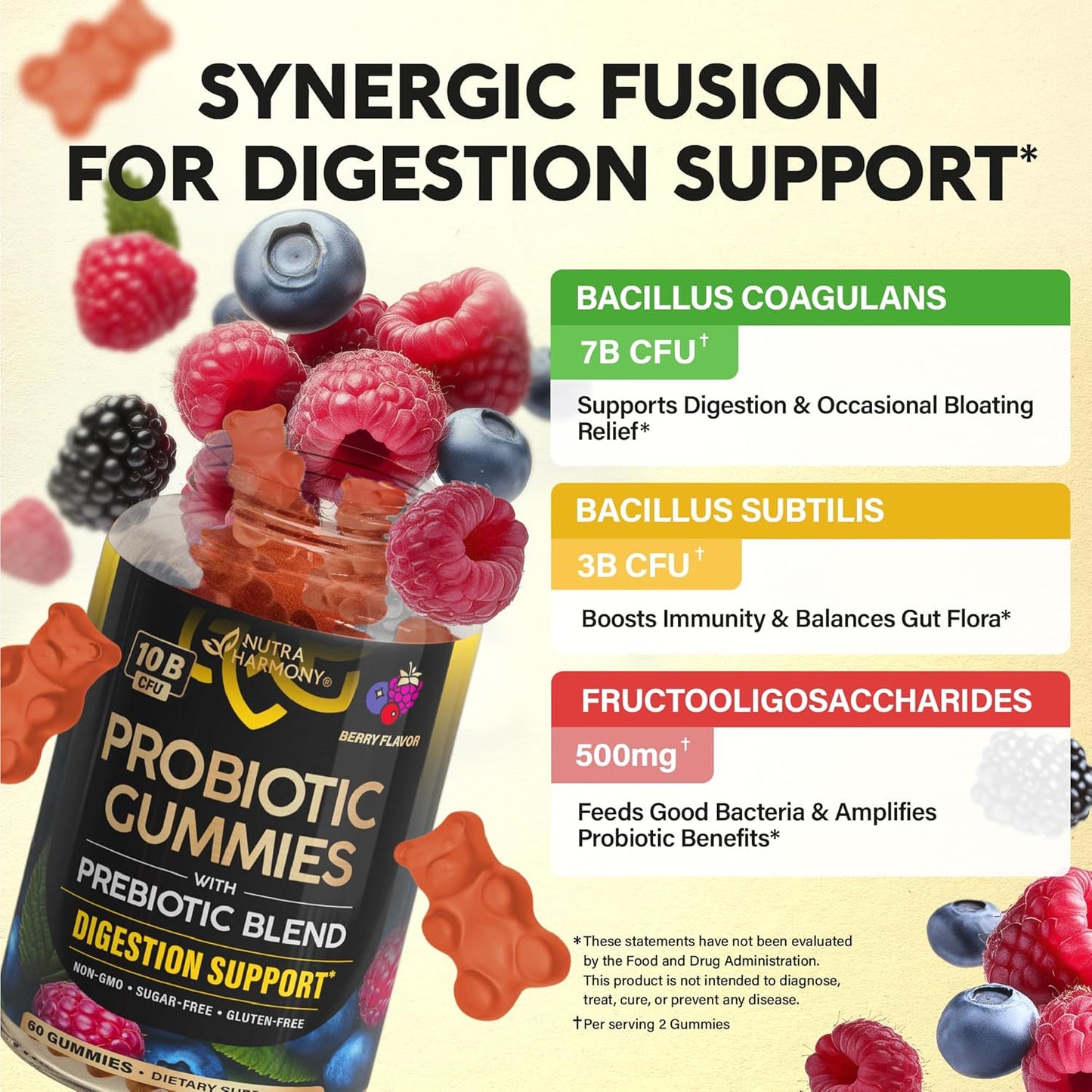 Probiotic Gummies 10B CFU with Prebiotic Fiber for Digestion & Immune Support