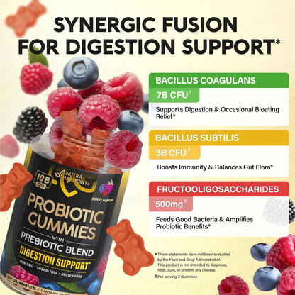 Probiotic Gummies 10B CFU with Prebiotic Fiber for Digestion & Immune Support