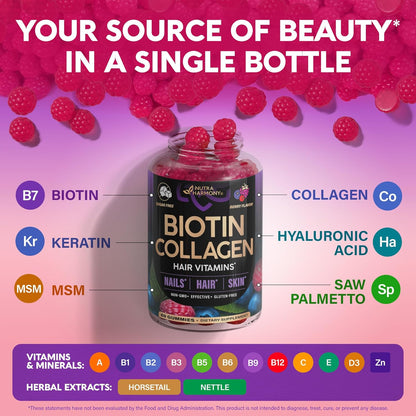 Biotin & Collagen Gummies for Hair Growth Support, Skin & Nail Strength - Mixed Berry