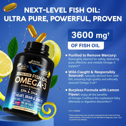Omega 3 Fish Oil Supplement 3600 mg. Burpless, Lemon Flavored, 120 Softgels