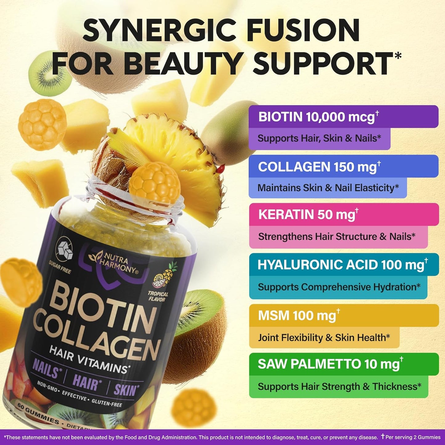 Biotin & Collagen Gummies for Hair Growth Support, Skin & Nail Strength - Tropical Fruit