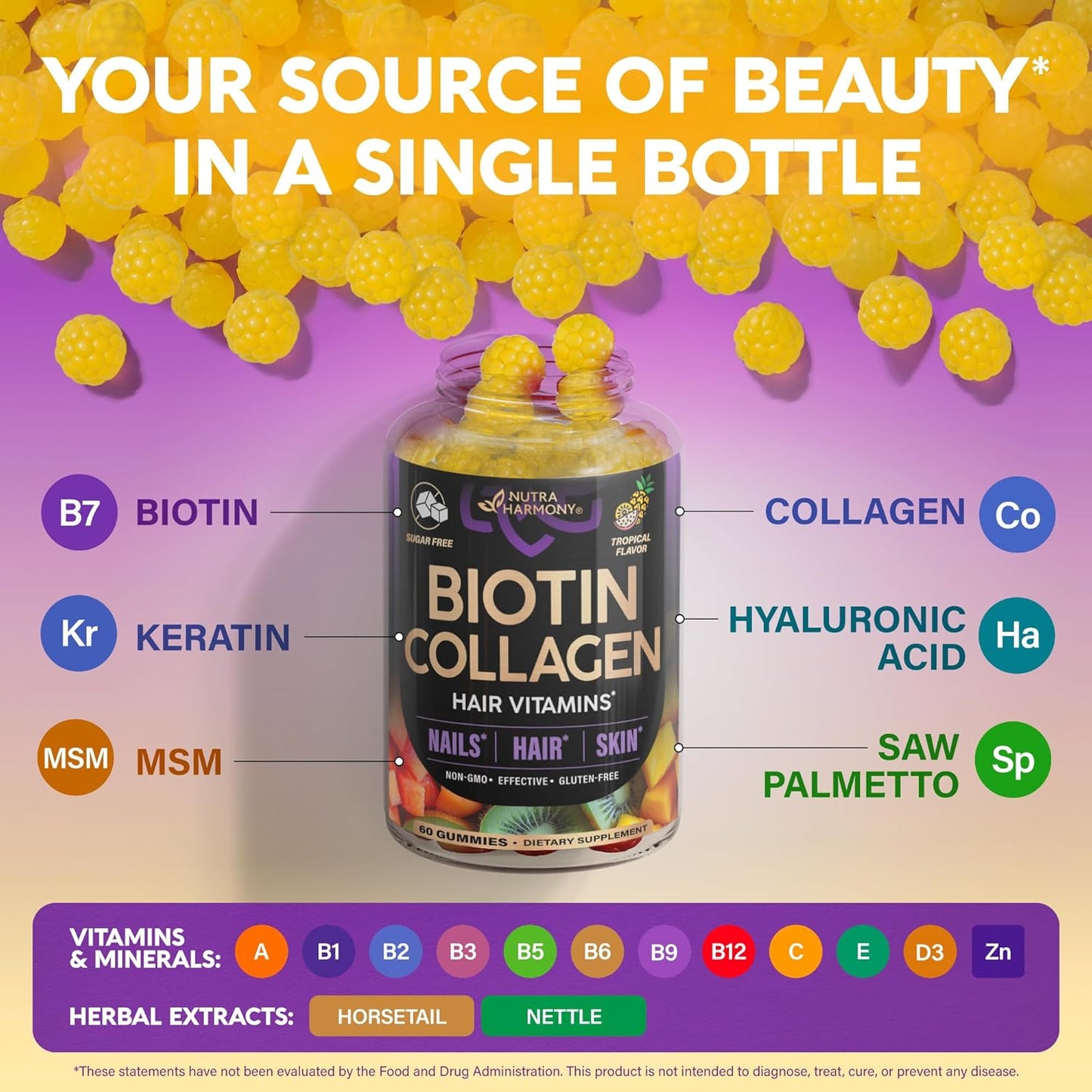 Biotin & Collagen Gummies for Hair Growth Support, Skin & Nail Strength - Tropical Fruit