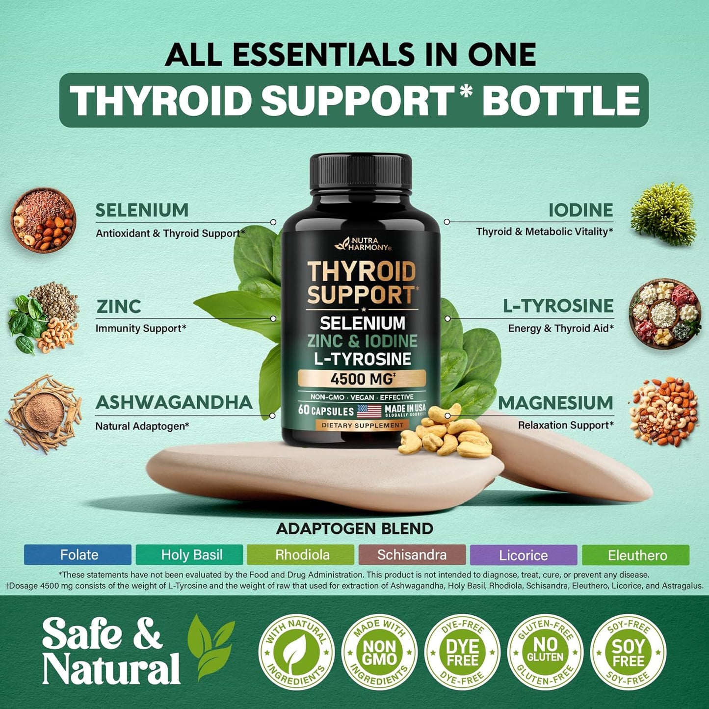 Thyroid Support with Selenium, Zinc & Iodine, L-Tyrosine, Magnesium, Adaptogen Herbs