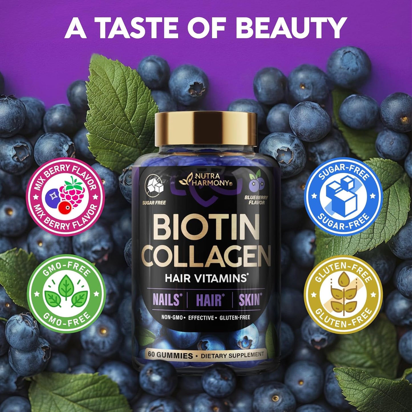 Biotin & Collagen Gummies for Hair Growth Support, Skin & Nail Strength - Blueberry