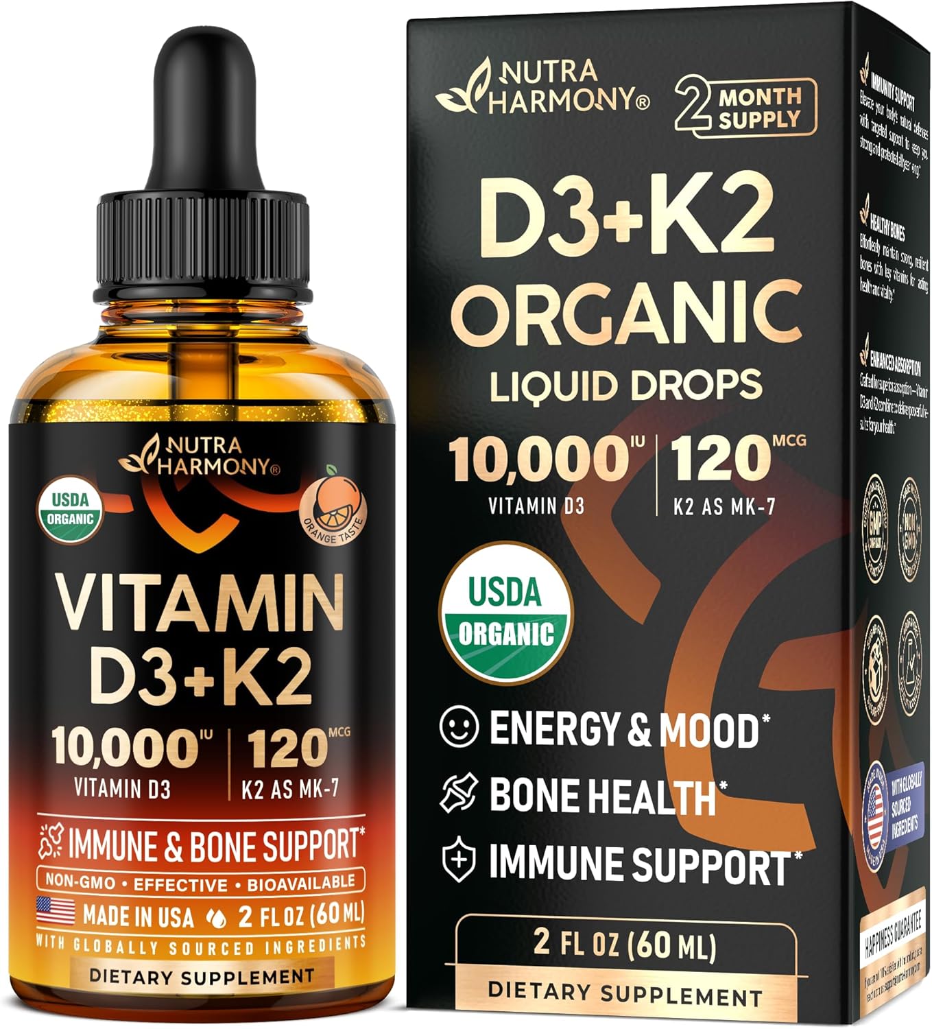 USDA Organic Vitamin D3+K2 Drops - Vitamin D3 10000 IU & K2 as MK-7 120mcg