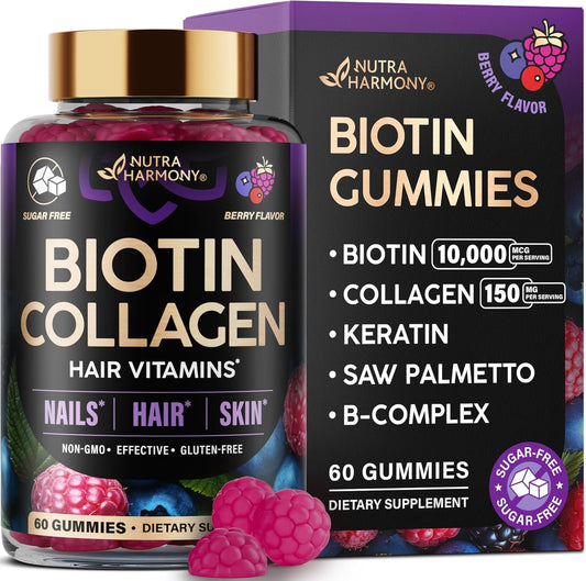 Biotin & Collagen Gummies for Hair Growth Support, Skin & Nail Strength - Mixed Berry