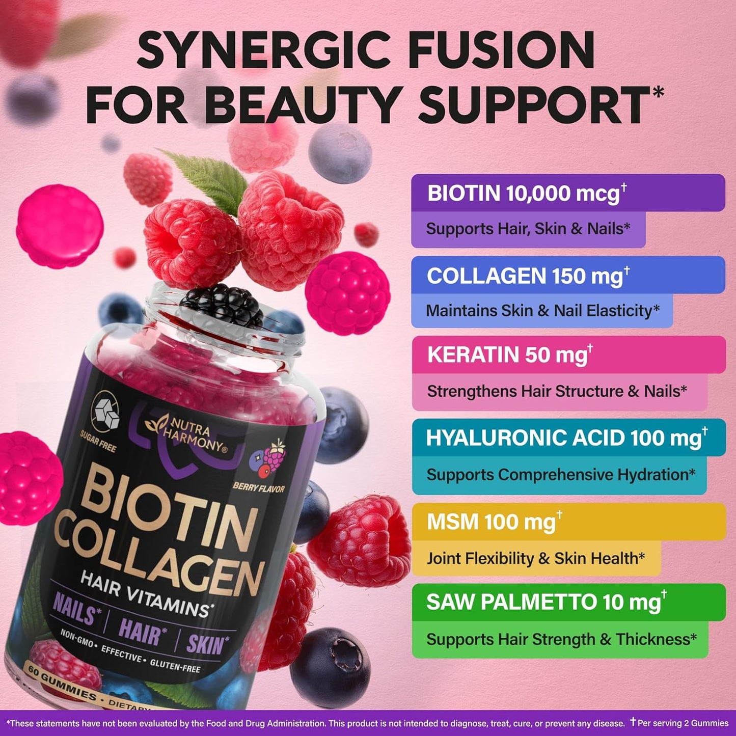 Biotin & Collagen Gummies for Hair Growth Support, Skin & Nail Strength - Mixed Berry