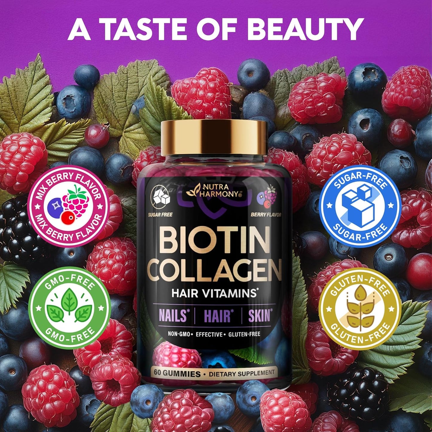 Biotin & Collagen Gummies for Hair Growth Support, Skin & Nail Strength - Mixed Berry