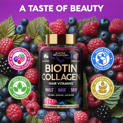 Biotin & Collagen Gummies for Hair Growth Support, Skin & Nail Strength - Mixed Berry