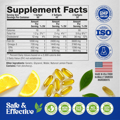 Omega 3 Fish Oil Supplement 3600 mg. Burpless, Lemon Flavored, 120 Softgels