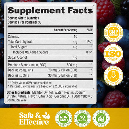 Probiotic Gummies 10B CFU with Prebiotic Fiber for Digestion & Immune Support