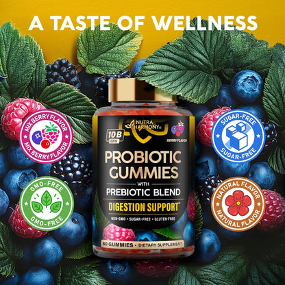 Probiotic Gummies 10B CFU with Prebiotic Fiber for Digestion & Immune Support