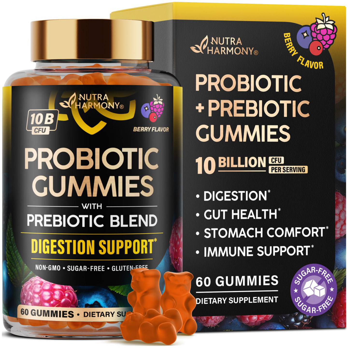 Probiotic Gummies 10B CFU with Prebiotic Fiber for Digestion & Immune Support