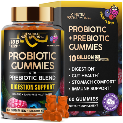 Probiotic Gummies 10B CFU with Prebiotic Fiber for Digestion & Immune Support
