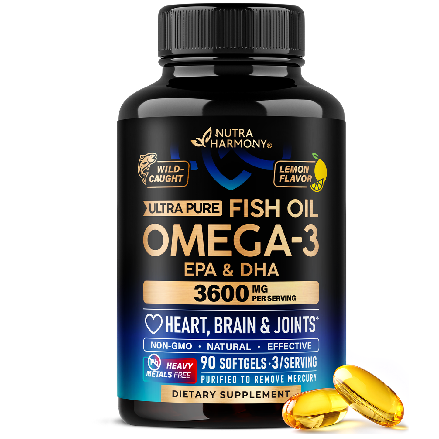 Omega 3 Fish Oil Supplement 3600 mg. Burpless, Lemon Flavored, 120 Softgels