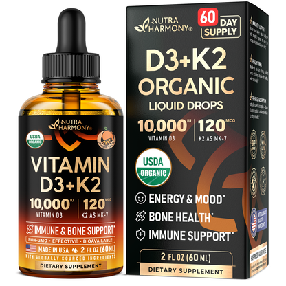 USDA Organic Vitamin D3+K2  Drops - Vitamin D3 10000 IU & K2 as MK-7 120mcg